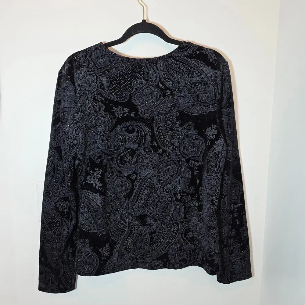 White Stag Black Paisley Velvet Long Sleeve Stretch Top Party Shimmer Size L